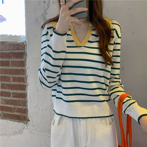 <b>Striped</b> V-Neck Long Sleeve Knit Top For Women Spring Autumn Thin Viscose Fiber <b>Sweater</b> Regular Sleeves <b>Black</b> Apricot Green - Product Image 2