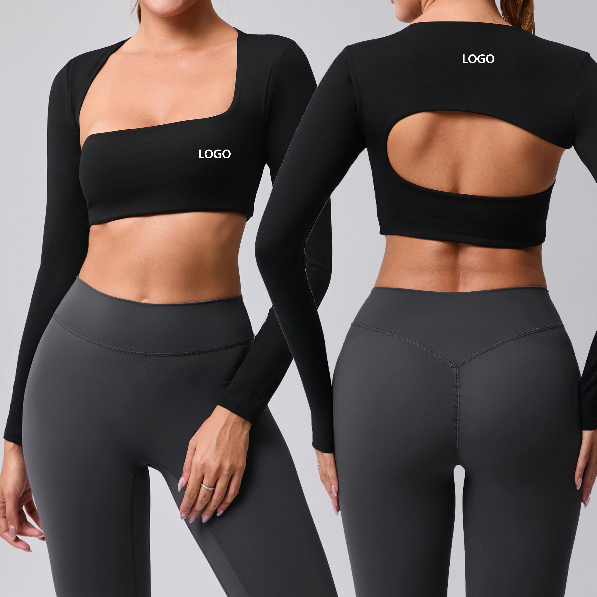 Custom LOGO Women Brushed Irregular Cut Long Sleeve Crop Top Yoga Fitness Back Hollow Out Active Tops