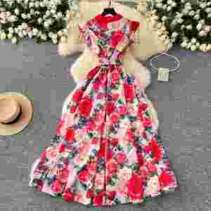 Elegante Vestido Midi Casual con Cuello Camisero, Estampado Digital Ecológico, Encaje, Sin Mangas, Cintura Imperio, Color Amarillo para Mujer - Product Image 4