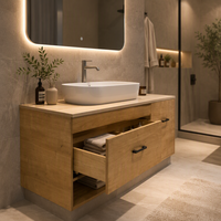 Meuble-lavabo mural moderne pour salle de bain, finition grain de bois, étagère ouverte en option, lavabo à poser, mobilier de salle de bain personnalisé OEM