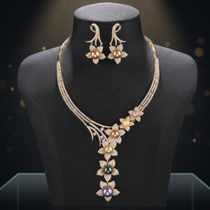 Cubic Zircon Imitation Pearl Flower Necklace Earrings Set Trendy Rhodium Plated Women's Wedding Engagement Party Gift Handmade - Product Image 3