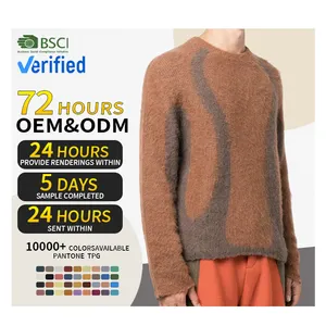 Özel logo OEM ODM erkekler kahverengi ekip boyun akrilik alpaka fırçalanmış desenli intarsia jakarlı örgü jumper triko kazak erkekler