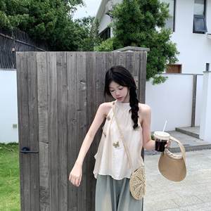 Camiseta sin mangas con cuello redondo y diseño de mariposa 3D para mujer, estilo francés, de gasa, color albaricoque, transpirable y dulce, ideal para el verano. - Product Image 2