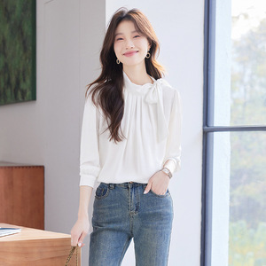 White Bow <b>Tie</b> Blouse Women Spring Summer Acetate Satin Solid Color Everyday Wear - Product Image 2