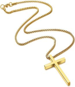 Collier Croix Religieuse Chrétienne pour Hommes et Adolescents, Pendentif Uni en Acier Inoxydable <span class=keywords><strong>Argent</strong></span>, Noir, Or, Chaîne Maille Forçat 16-30 - Product Image 4