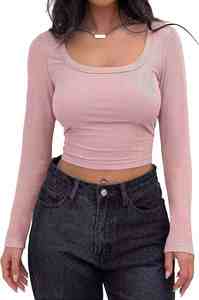 I-0703 Nueva Camiseta de Mujer con Cuello Cuadrado, Estilo Europeo y Americano, Ajustada, de Manga Larga y Tejido Acordonado - Product Image 2