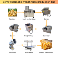 Semi-automatische productielijn voor kleine schaal productie van frieten, inclusief wassen, snijden, blancheren, frituren, ontwateren, ontvetten, kruiden en verpakken.