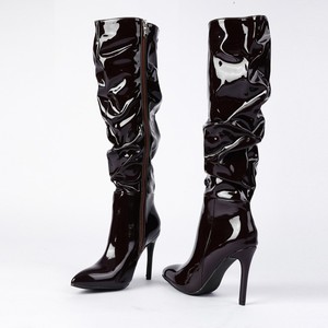 <span class=keywords><strong>Botas</strong></span> altas fruncidas de moda para <span class=keywords><strong>mujer</strong></span>, de charol, con punta en pico, tacón de aguja, cremallera lateral, estilo holgado. - Product Image 5