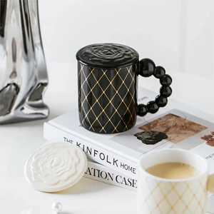 Nordic Camellia Pearl Handle Mug Lid Spoon 400ml Capacity Dishwasher Microwave Safe Customized Color Cartoon Pattern Ceramic - Product Image 1