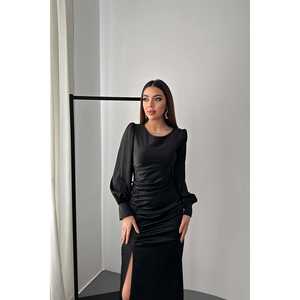 Robe de soirée longue en satin noir pour femme, taille XS, col rond, taille empire, coupe trapèze, fente latérale, vente en gros ODM - Product Image 3