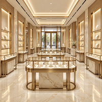 Design d'intérieur de bijouterie de luxe avec vitrines en marbre et or champagne