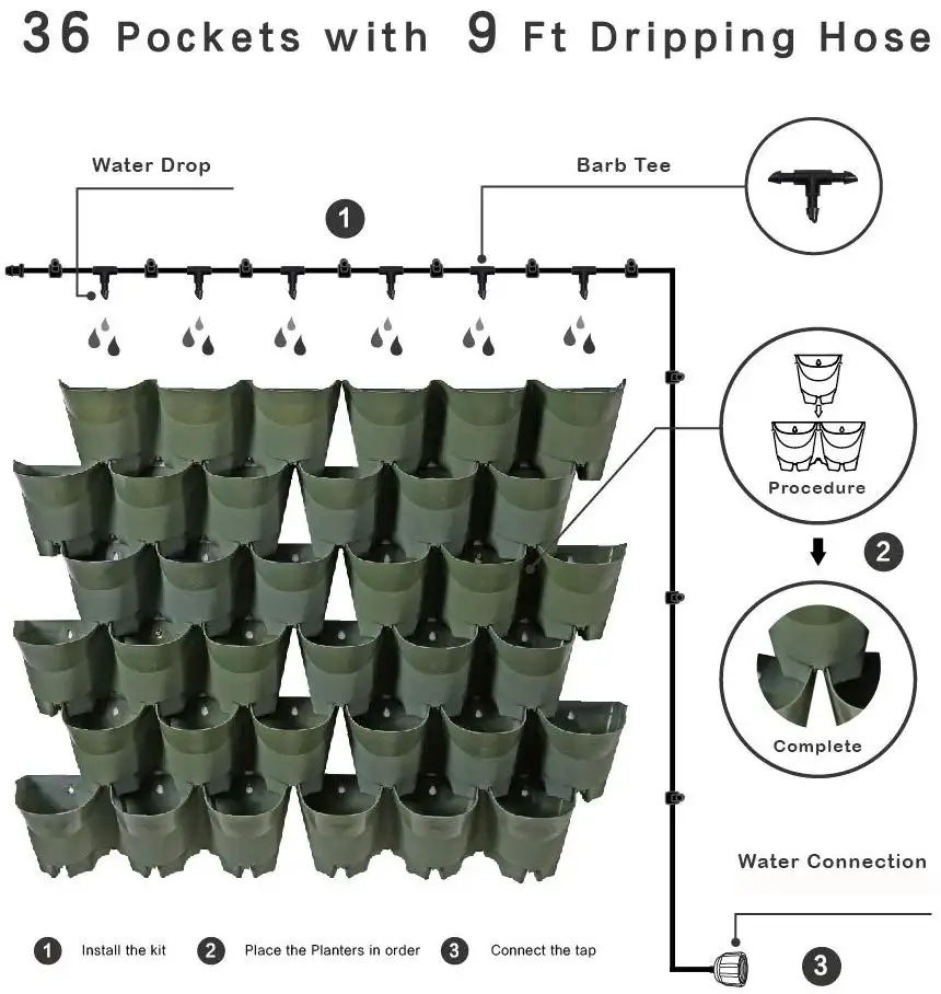 3-Pocket Grijze Verticale Muur Planter Zelfbewatering Plastic Bloempot Voor Land Ontwerp Voor Hangende Vloer Of Winkelcentrum Gebruik