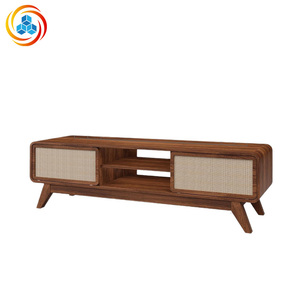 Minimalist Rattan <b>TV</b> Cabinet with Curved Edges & Open Storage, European Style Wood <b>TV</b> Stand for Living Room, Anti-Bump <b>Design</b> - Product Image 5