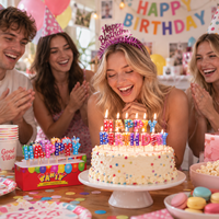 Bougies d'anniversaire populaires de marque en gros avec lettres et ballons, bougies d'anniversaire épaisses de haute qualité avec confettis