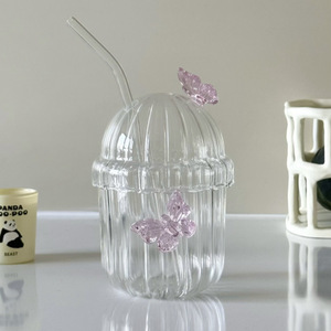 Pink Butterfly Striped Glass Bubble <b>Cup</b> With Straw 300ML 500ML Transparent <b>Cold</b> Drink Water <b>Cup</b> For Party Unisex - Product Image 1