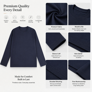 T-Shirt a Maniche Lunghe in Cotone 100% Pesante 230gsm, Logo Personalizzato, Blu Navy, Oversize, per Uomo e Donna, Vendita all'Ingrosso - Product Image 5