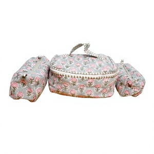 Estuche de Maquillaje Hecho a Mano, Reutilizable, de 3 Piezas, Grande, Multifuncional, Ecológico, de Tela de Algodón, con Rayas Diagonales Blancas Estampadas, Estilo Indio - Product Image 1