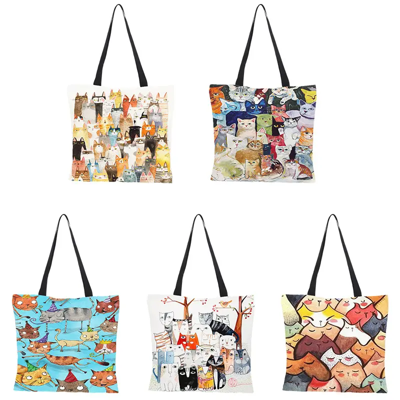 Customization Canvas jute Shoulder Bag Cute Cat Printed Tote Handbag Natural Linen Jute Beach Bag For Holiday