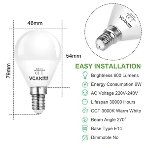 مصباح LED VCAN E14 LED ، 6W G45 ، أبيض دافئ 600 لومن ، مصباح Led أديسون بدون خفت