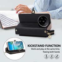 Étui portefeuille en cuir avec lanière bandoulière et miroir intégré pour Xiaomi 13T 14T 14 Ultra et Redmi Note 14 Pro Plus, avec fentes pour cartes et fermeture éclair