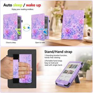 Étui en cuir PU personnalisé pour Kobo <span class=keywords><strong>Clara</strong></span> Colour avec sangle de transport et support, motif floral, pour liseuse électronique, fabrication OEM ODM - Product Image 3