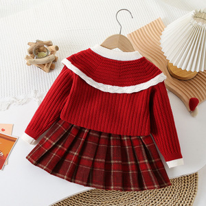 Completo in Maglia Acrilica con Pizzo per Bambina, Nuovo Stile Coreano alla Moda Autunno Inverno, con Piccole Stelle, Fiori e Pieghe a Quadri - Product Image 4
