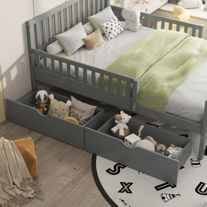 Cama Moderna con Plataforma de Madera Maciza, Barandas Laterales y Dos Cajones de Almacenamiento, Ecológica y Duradera, Color Gris - Product Image 2