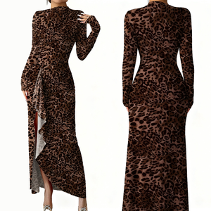 <span class=keywords><strong>Robe</strong></span> longue décontractée à manches longues pour femmes 2025, imprimé léopard, taille haute, fente haute, volants, robes sexy pour femmes - Product Image 1