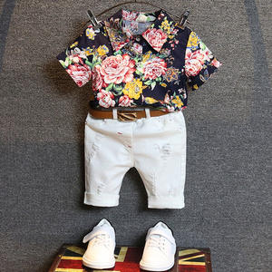Hot Style Kids outfit camicia estiva a maniche corte + pantaloncini 2 pezzi 100% cotone fiori stampa Casual <span class=keywords><strong>Boy</strong></span> Clothing Set - Product Image 2
