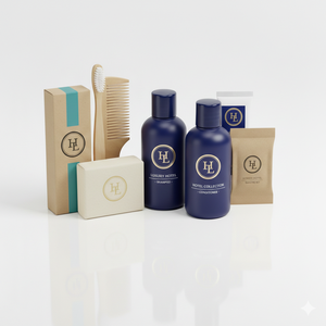 Kit d'articles de toilette de luxe pour hôtel, ensemble complet pour salle de bain des clients, format voyage, pochette en papier kraft biodégradable, hydratant, marque OEM - Product Image 4
