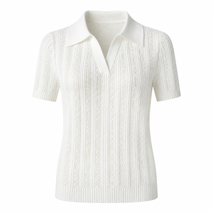 Damen <span class=keywords><strong>Strickpullover</strong></span> Kurzarm Polokragen Gestricktes Hemd Ösen-Jacquard-Sweater für Stilvolles Alltags-Layering - Product Image 2