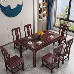 Chinese Style Ebony Solid Wood <b>Dining</b> Table And <b>Chair</b> Set 6 Piece Durable <b>Dining</b> Room Set - Product Image 1