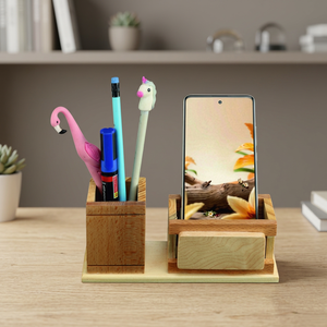 Organizador de escritorio de bambú con soporte para teléfono y portalápices, regalo de oficina multifunción, estilo lindo, hecho a mano - Product Image 5