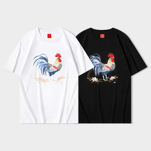Camiseta Oversize Bordada con Gallo para Hombre, 100% Algodón Lavado, Estilo Jersey, Manga Corta, Estilo Chino, Streetwear - Product Image 5