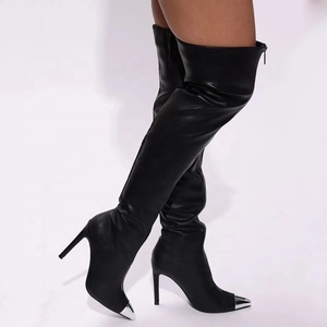 Women's Front Silver Zipper Metal Pointed Toe Long Boots Skintight Thigh High Booties Sexy Dress Stiletto Stage <b>Shoes</b> - Product Image 5