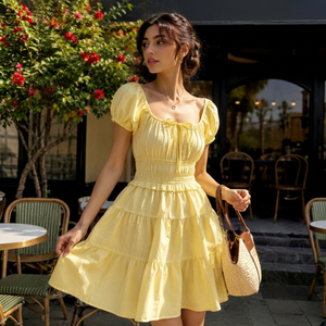 Robe décontractée pour femmes, mini, 100% coton, style bohème, col carré, manches bouffantes, coupe trapèze, taille cintrée, ourlet évasé - Product Image 1