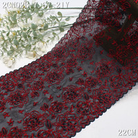 Vente en gros de dentelle extensible noire de 22 cm avec des fleurs rouges, tissu en maille élastique écologique pour sous-vêtements et lingerie féminine