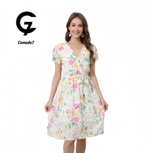 2025 Vintage Floral Summer Tops para mujeres Comodo7 Factory Wholesale New Sexy sin mangas con cuello en V Vestidos de encaje hasta el suelo - Product Image 1