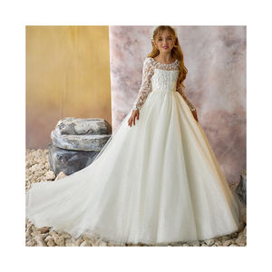 فساتين زفاف أنيقة للفتيات بائعات الزهور بأكمام طويلة وتصميم متلألئ، فستان طويل يصل إلى الأرض ومطرز بالترتر بأكمام طويلة وظهر مزين بالزهور - Product Image 1