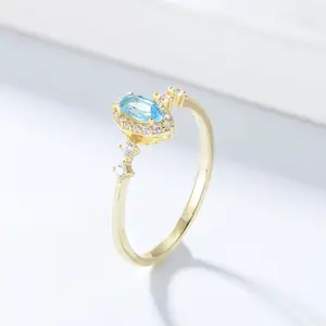 2023 Hot Sale Natural Gemstone Ring Delicate Sky Blue Topaz Geometric 925 Silver Gold Plated Jewelry Bague Argent