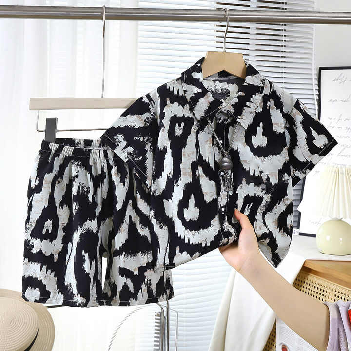 Women’s Printed Shirt Two-Piece Set with Drawstring Shorts