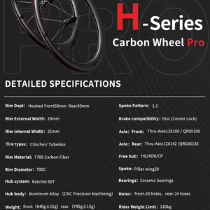 Roues de vélo de route en carbone UCI 700c <span class=keywords><strong>Ferei</strong></span> H50D Pro 50mm Tubeless Frein à disque 60T Ratchet pour HG pour XDR Compatible Finition UD - Product Image 2