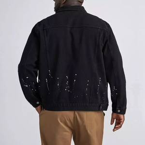 Chaqueta vaquera con cuello vuelto informal, ropa de calle de color sólido negro rasgado a la moda personalizada - Product Image 4