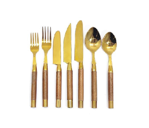 Ensemble de couverts de luxe brillant doré avec manche en bois et embout doré, couverts en acier inoxydable de qualité supérieure pour hôtel, mariage, restaurant - Product Image 1