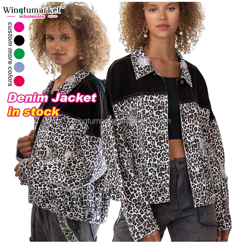 Wholesale print leopard jacket outdoor winter patchwork coat washed distress hole black denim jackets for women