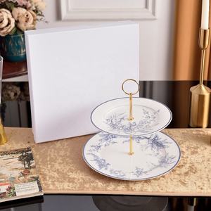 Assiette à gâteau moderne de luxe à 2 niveaux en porcelaine fine à motif végétal minimaliste européen, très vendue - Product Image 2