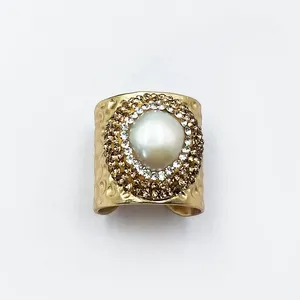 Natural white freshwater pearls gold ring pave crystal rhinestone cuff ring new adjustable rings wholesale Jewelry for girl