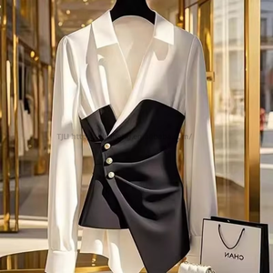 Black and White Contrasting Color <b>Shirt</b>, High-end Women's Clothing, Slanted Button Pleated Top Fashion - Product Image 2