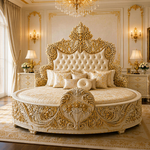 Grand Palace Style Golden Carved Wooden <b>Bed</b> Luxury Crown Round Wooden <b>Bed</b> for <b>Princess</b> Room Maharaja White Queen Size <b>Bed</b> Set UK - Product Image 1