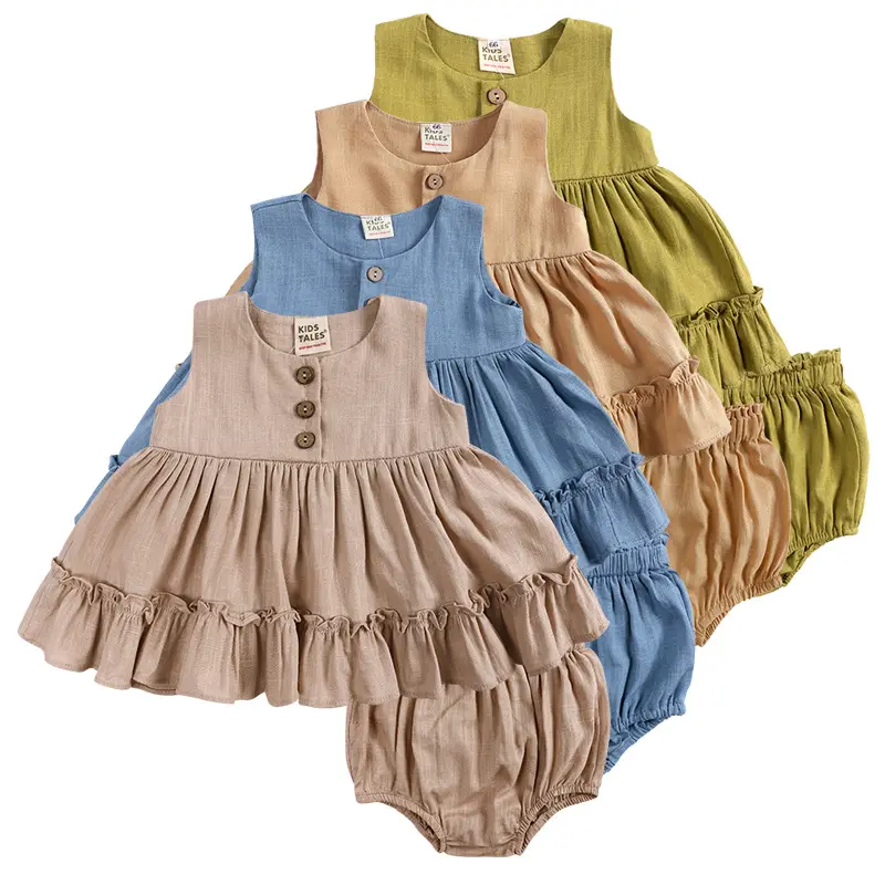 Baby Girls Cotton Linen Ruffles Dress Shirt Blouse Shorts Clothing Sets Toddler Vest Tops Bloomer 2pcs Outfits